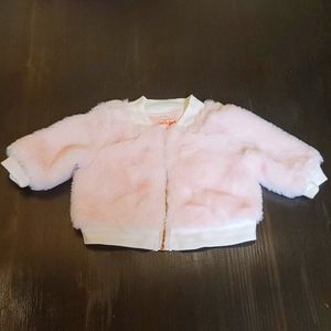 Faux fur baby jacket. Baby pink with rose gold zipper. Size 0-3 months